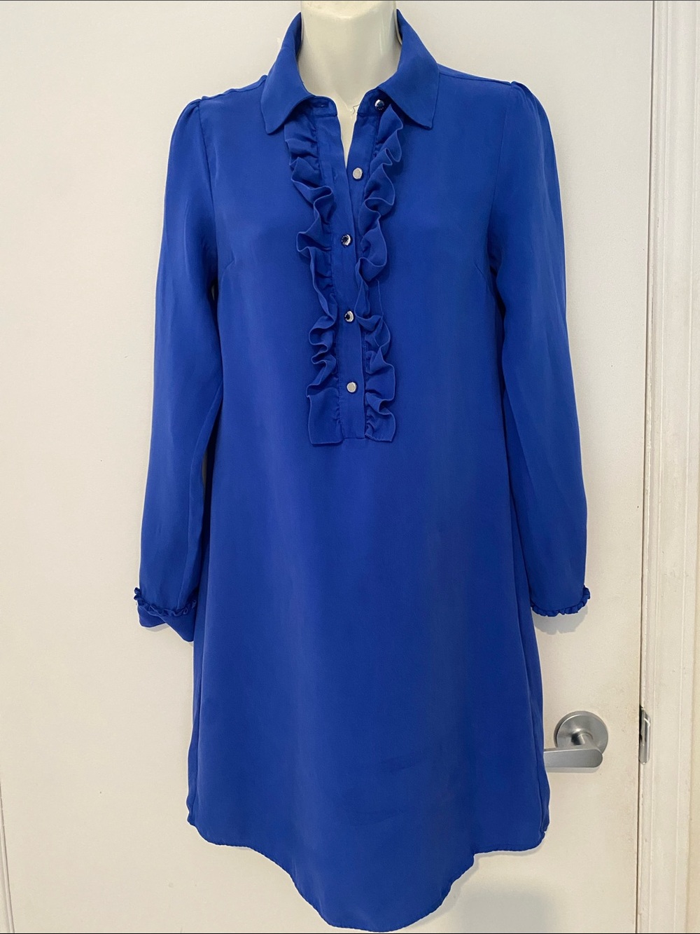 SILK Michael Kors Royal Blue Ruffle-Front Long Sleeve Short Shirt Dress Size 2